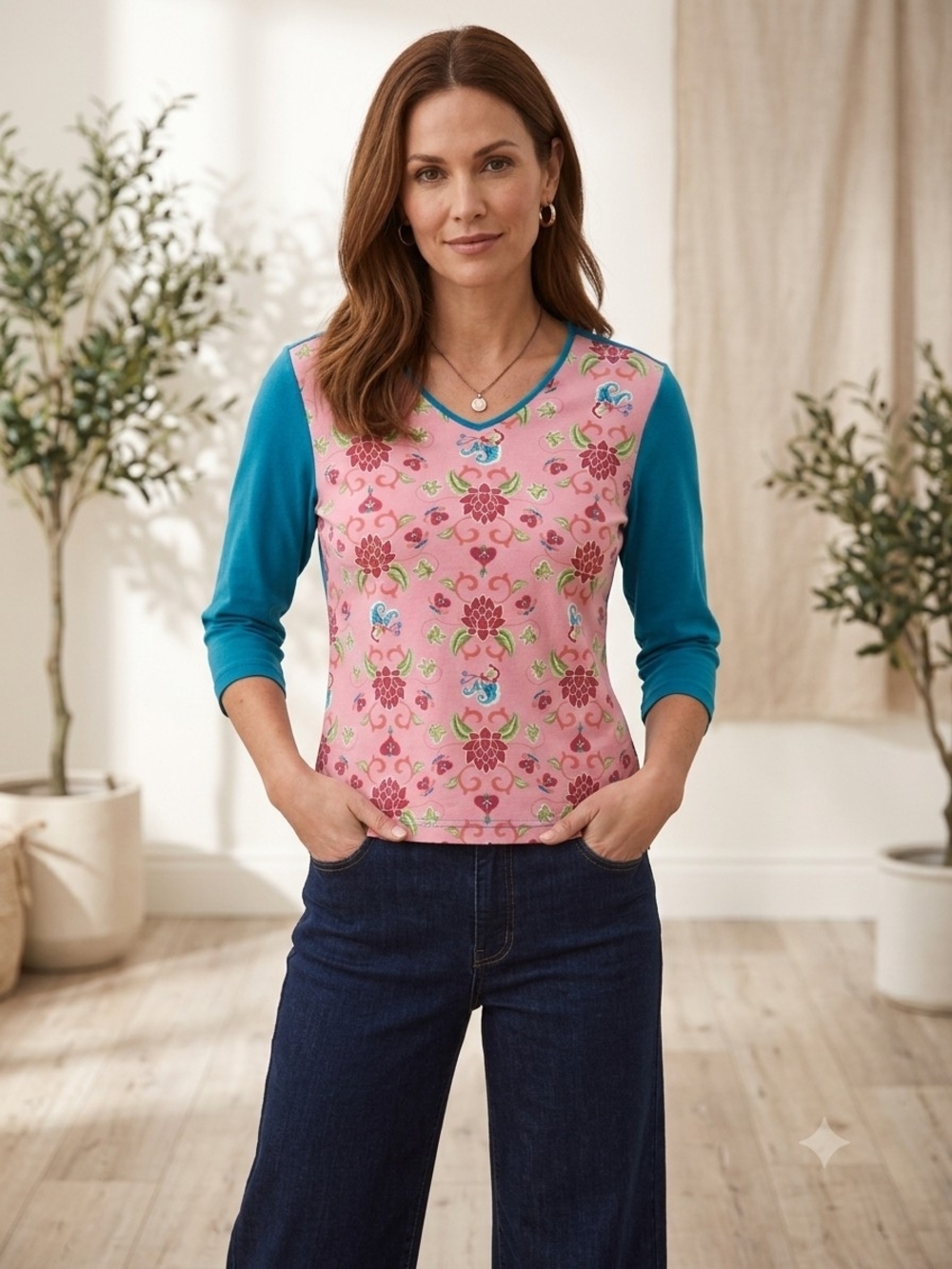 Style Studio Pink Floral V-Neck Long Sleeve Tee with Teal Sleeves. Sz.L WS 168